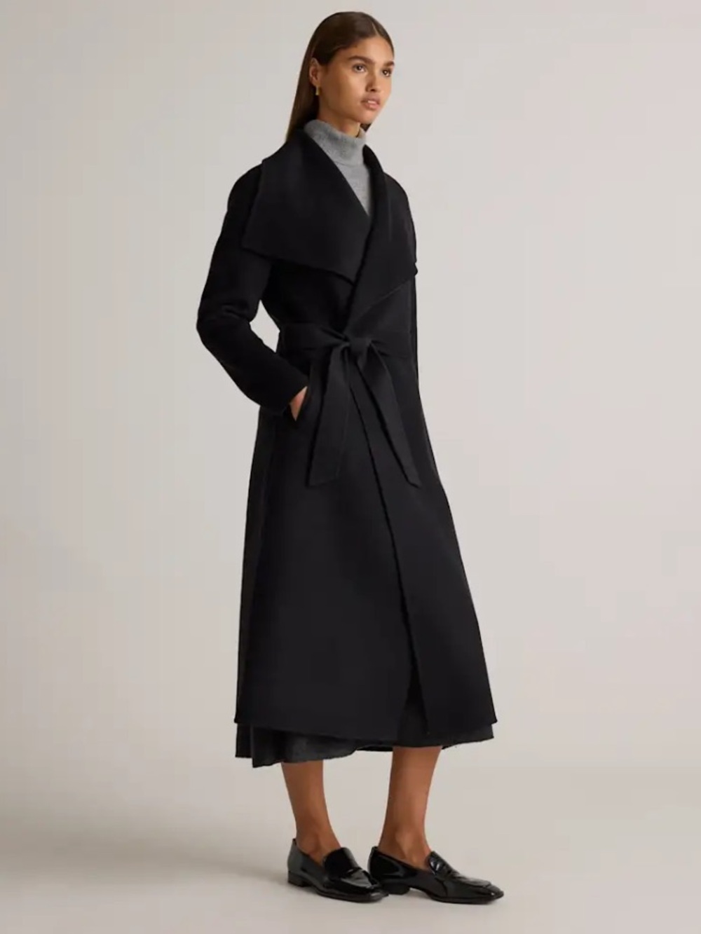 Quince Double Faces Merino Wool Draped Collar Long Wrap Coat Black Medium NWT